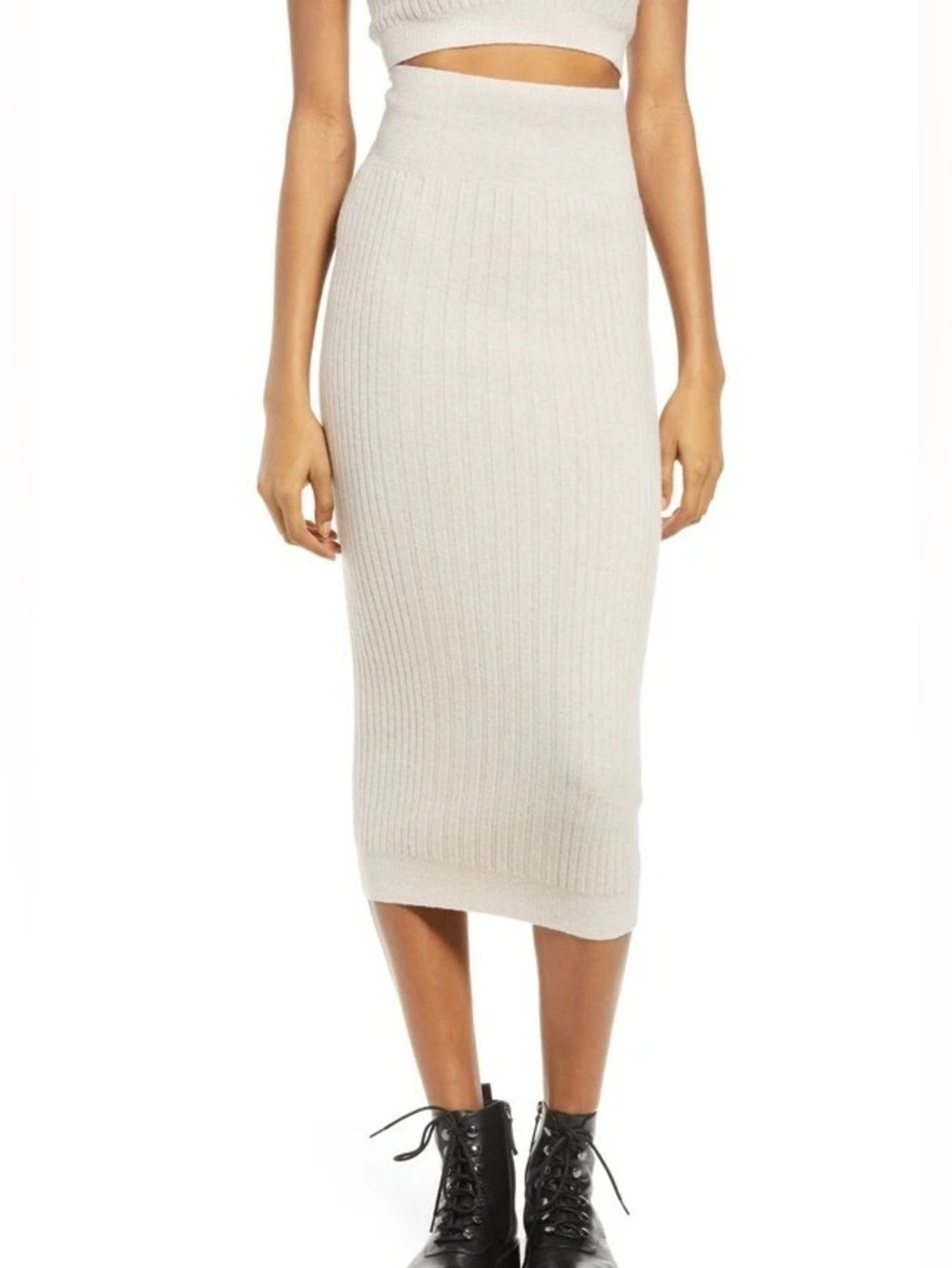 bagatelle Cream Ribbed Midi Pencil Skirt